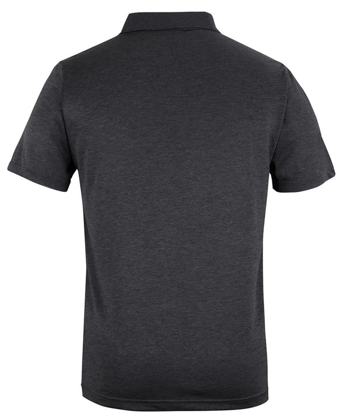 A black marle polo shirt with a classic collar and short sleeves, featuring a logo on the back.
