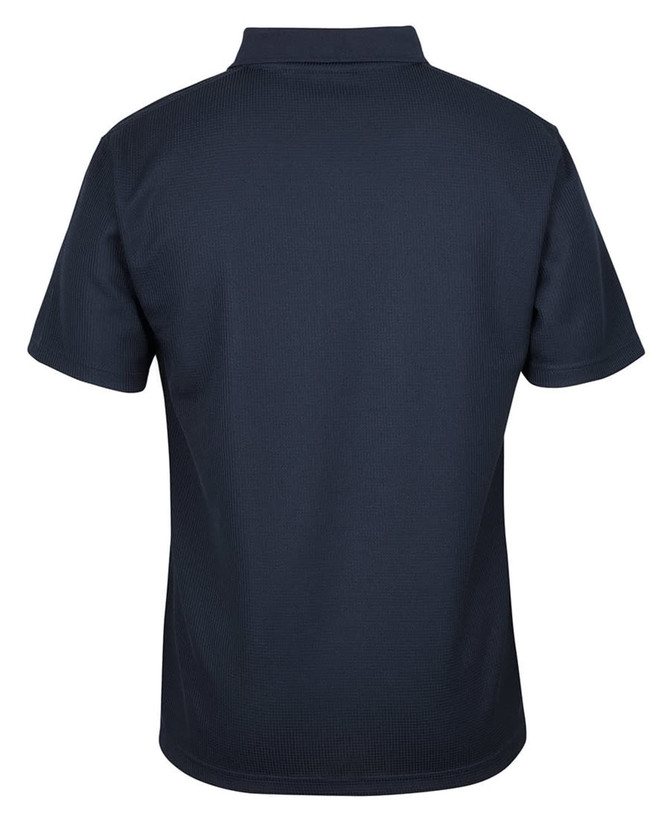 A navy polo shirt with a textured fabric, featuring a collar and short sleeves, and a logo on the back.