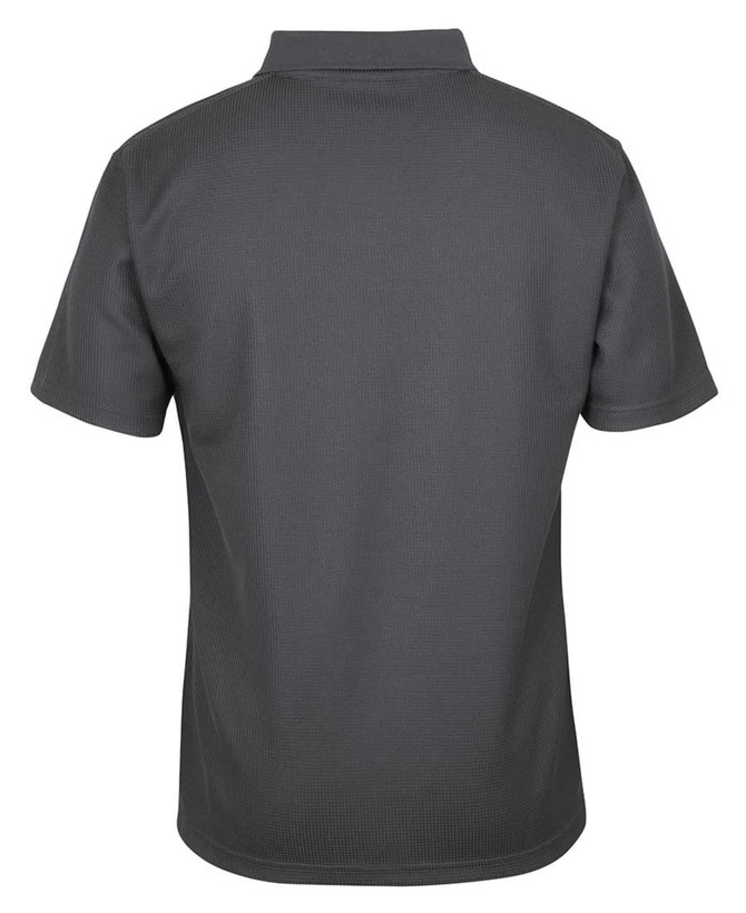 A dark grey polo shirt with a short collar and a textured fabric, featuring a logo on the back.