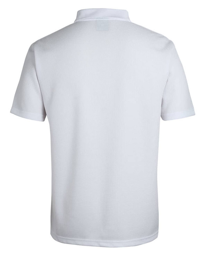 A white polo shirt with a textured fabric and a collar, featuring a logo on the back.