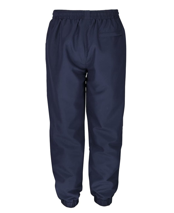 Navy track pants with an elastic waistband and a single back pocket, featuring a logo on the side.