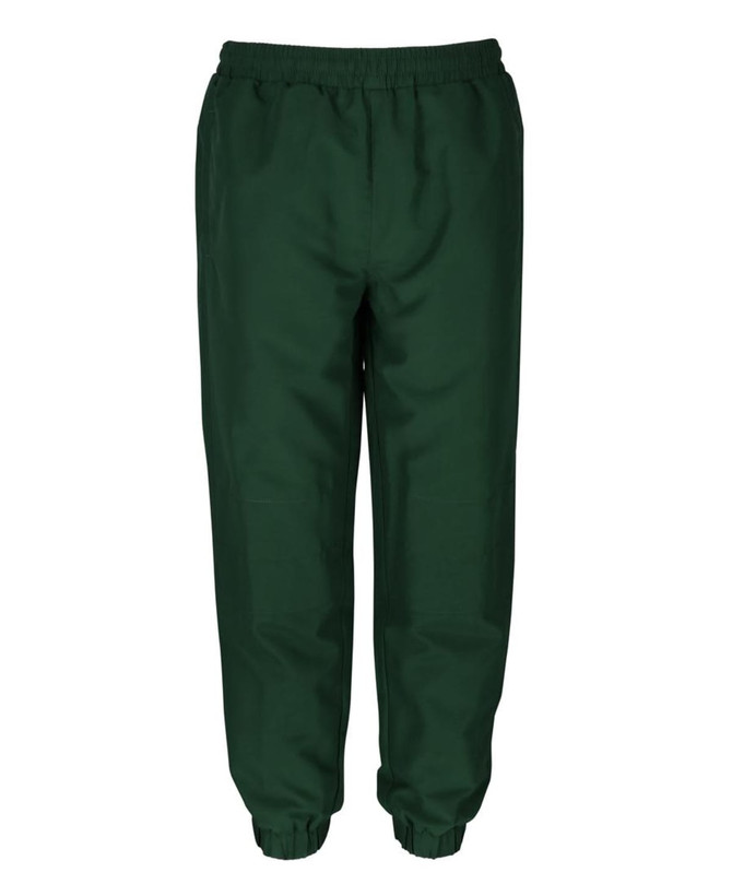 Track pants in a dark green shade with an elastic waistband and cuffs at the ankles. Features a subtle logo.