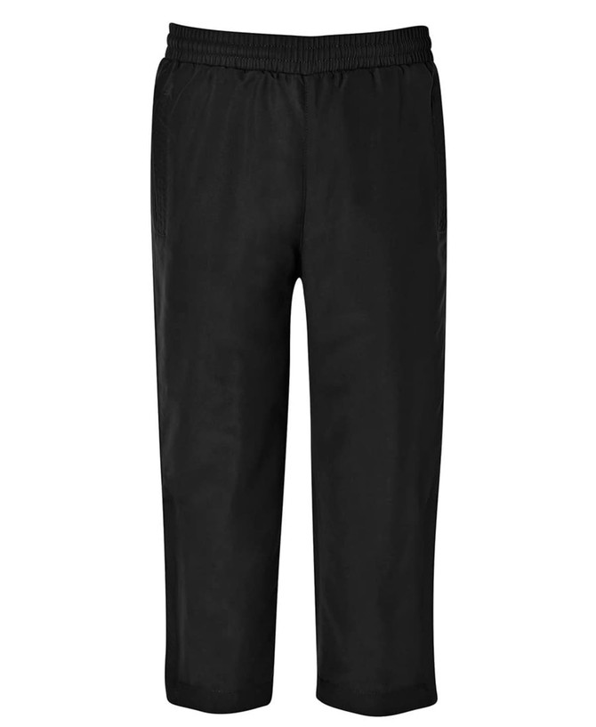 Black track pants with an elastic waistband, featuring a simple design and no visible branding.