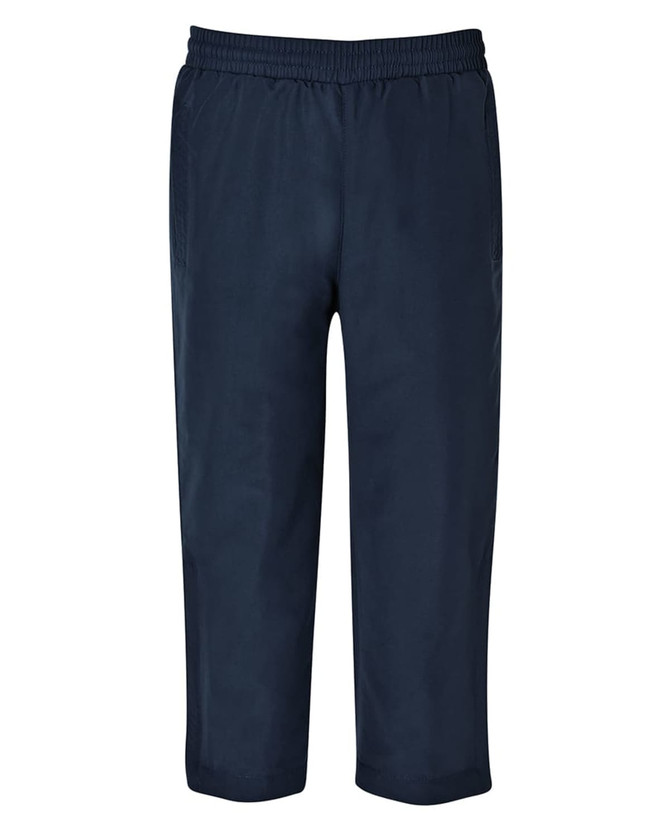 Navy track pants with an elasticated waistband, featuring side pockets and a simple logo.