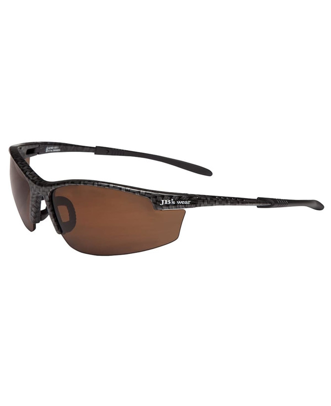 Polarised sunglasses with a black carbon-fibre style frame and brown lenses. Features a branding logo on the frame.