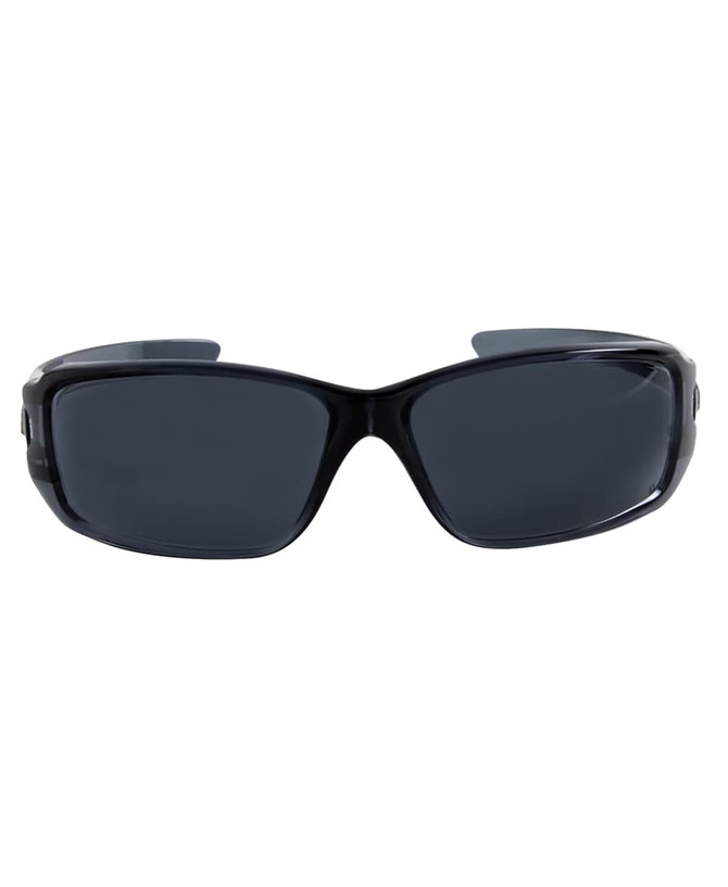 A pair of black safety sunglasses with dark lenses, featuring a sleek design and a logo on the side.