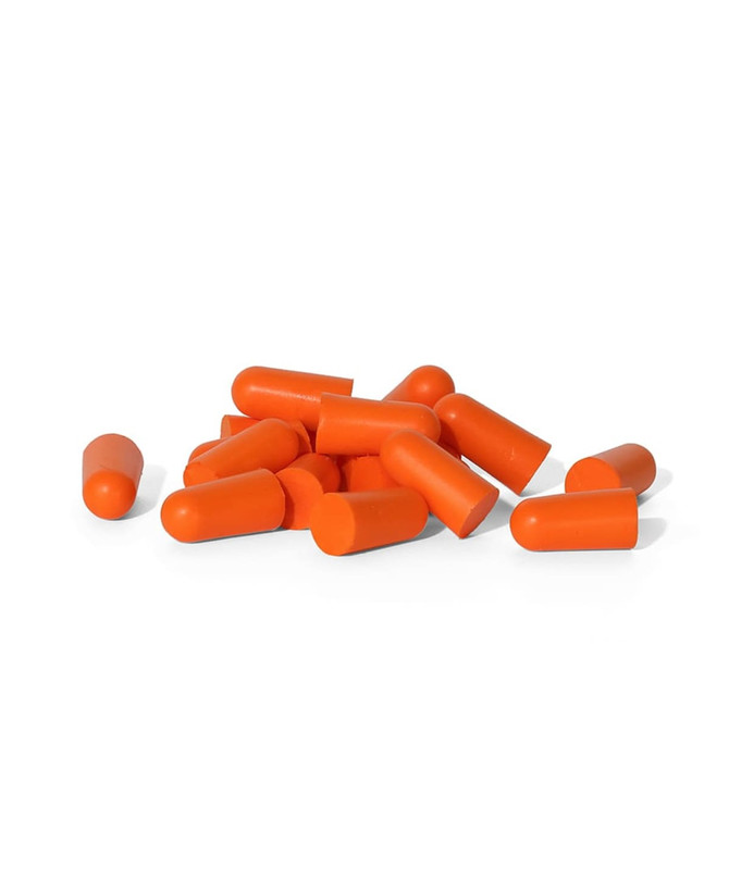 A collection of orange bullet-shaped earplugs arranged on a white background.