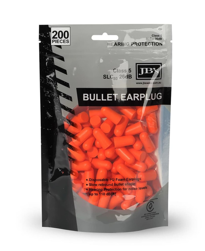A pack of orange bullet-shaped earplugs, containing 200 disposable PU foam earplugs for hearing protection.
