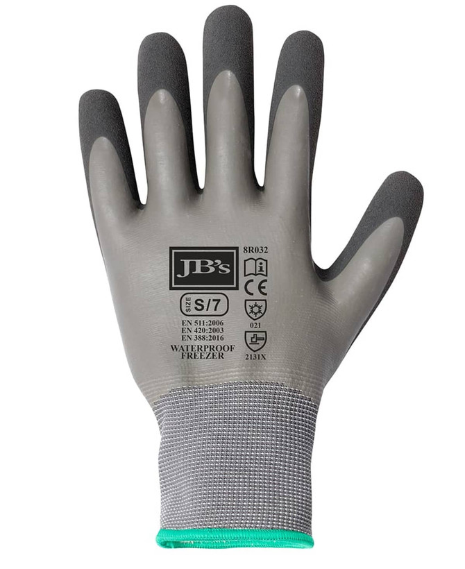 A grey and charcoal glove with textured fingertips and a logo, designed as a waterproof freezer glove.