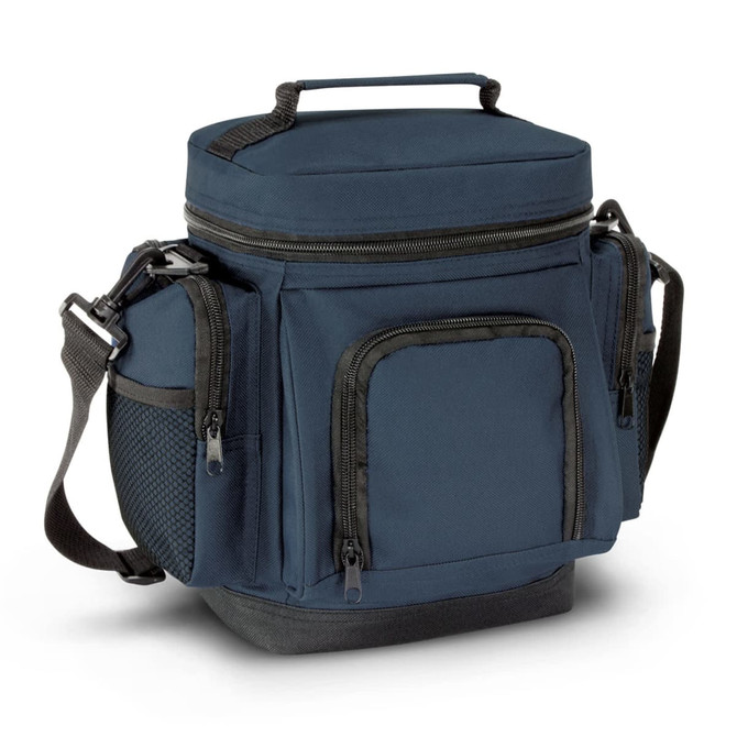 A navy blue cooler bag with multiple pockets and a top handle for easy carrying. It features a removable shoulder strap and a logo.