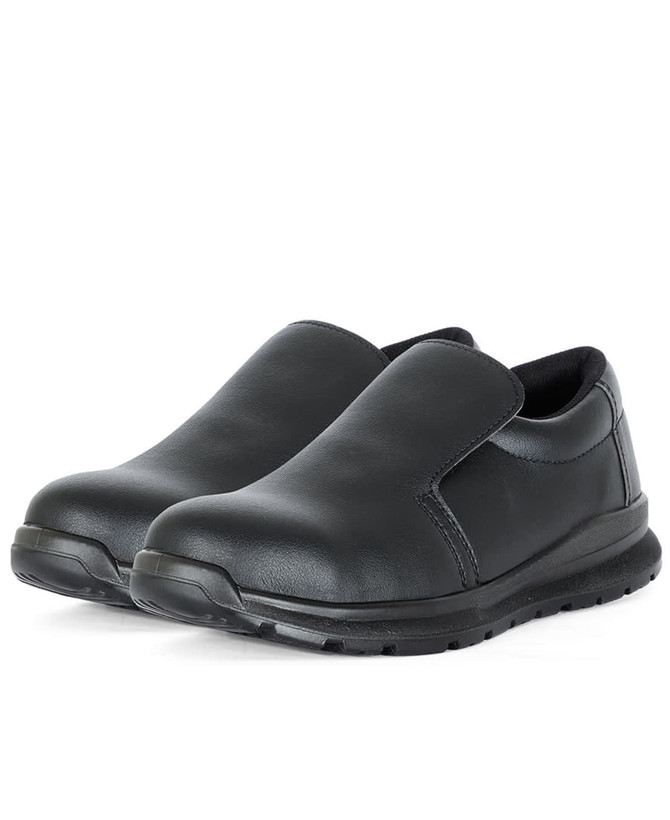 A pair of black microfibre shoes with a slip-on design and a logo on the side.