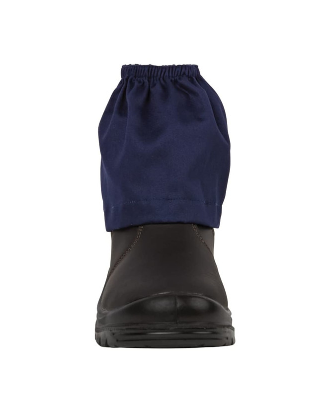 A brown safety boot with a blue boot cover featuring an elasticised top. The image includes a logo.