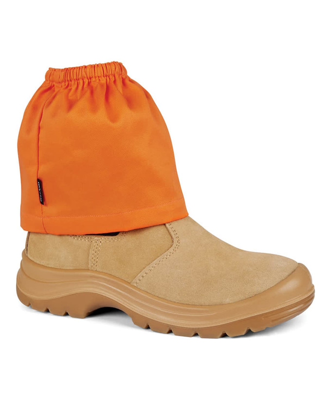 An orange boot cover over a tan safety boot, designed for protection in uniform wear. Features a gathered top and a logo.