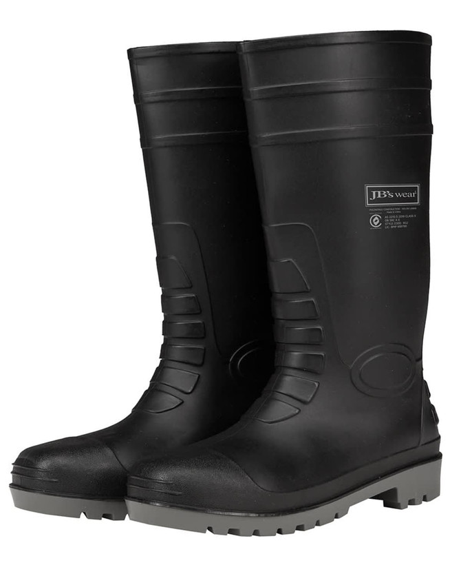 Black rubber boots with grey soles, featuring a logo on the side. Designed for durability and practicality.