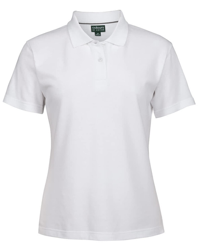 A white ladies' pique polo shirt featuring a collar, button placket, and a brand logo on the label.