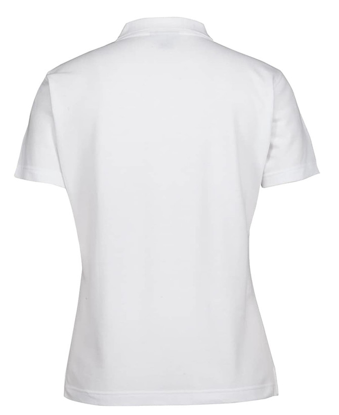 A white ladies' polo shirt with a classic design and a logo on the back. Short sleeves and a standard collar.