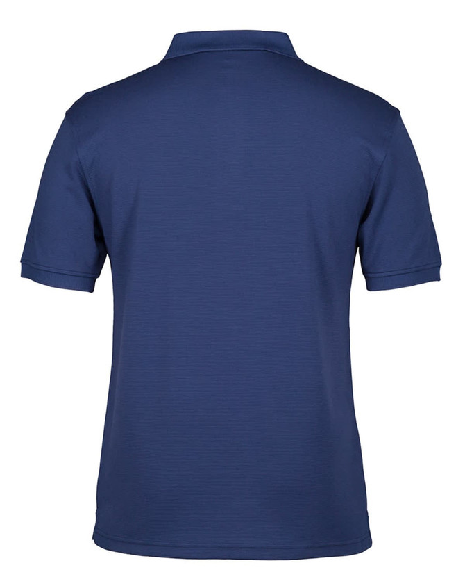 A navy polo shirt with a classic collar and short sleeves, featuring a logo on the back.