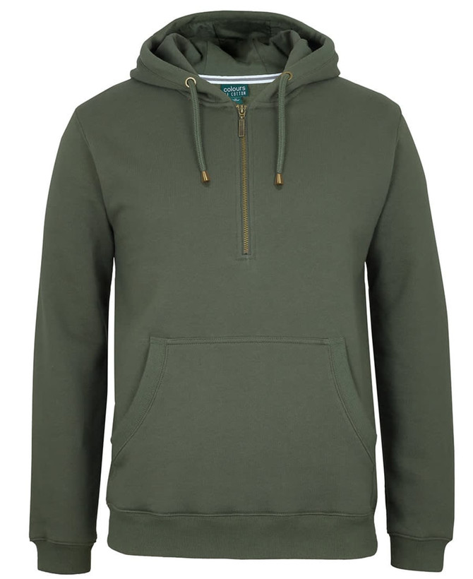 A green brass 1/2 zip hoodie featuring a front pocket and a hood, with a logo on the label.
