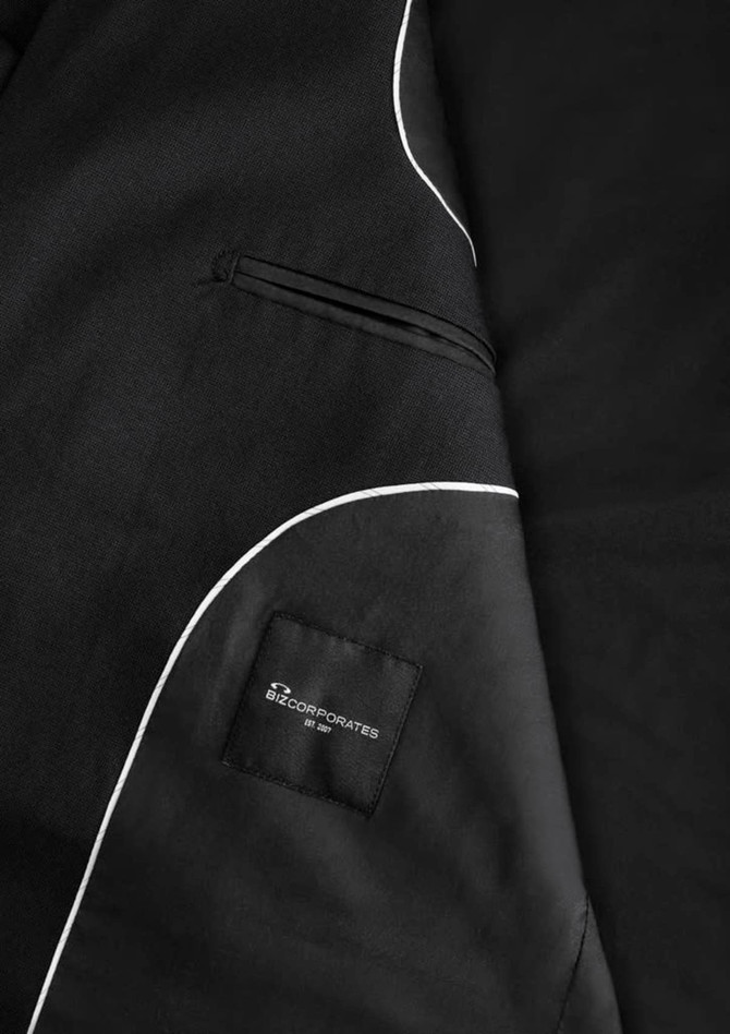 A black men's jacket featuring white piping details and a pocket with a logo.