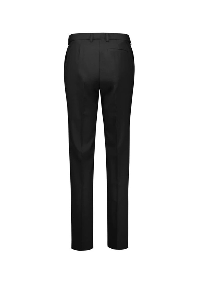 A pair of black tapered adjustable waist pants with a sleek design, featuring a waistband and back pockets.