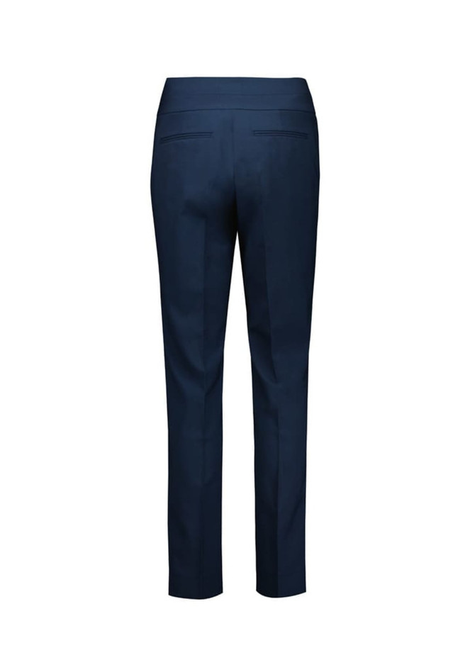 A pair of navy mid-waist slim leg pants viewed from the back, featuring a sleek design and pockets.