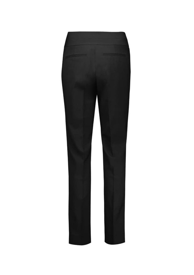 A pair of black mid-waist slim leg pants with a smooth back design and two rear pockets.
