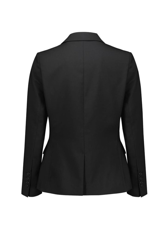 A black mid-length women's blazer with a single button and long sleeves, featuring a tailored fit and no visible branding.