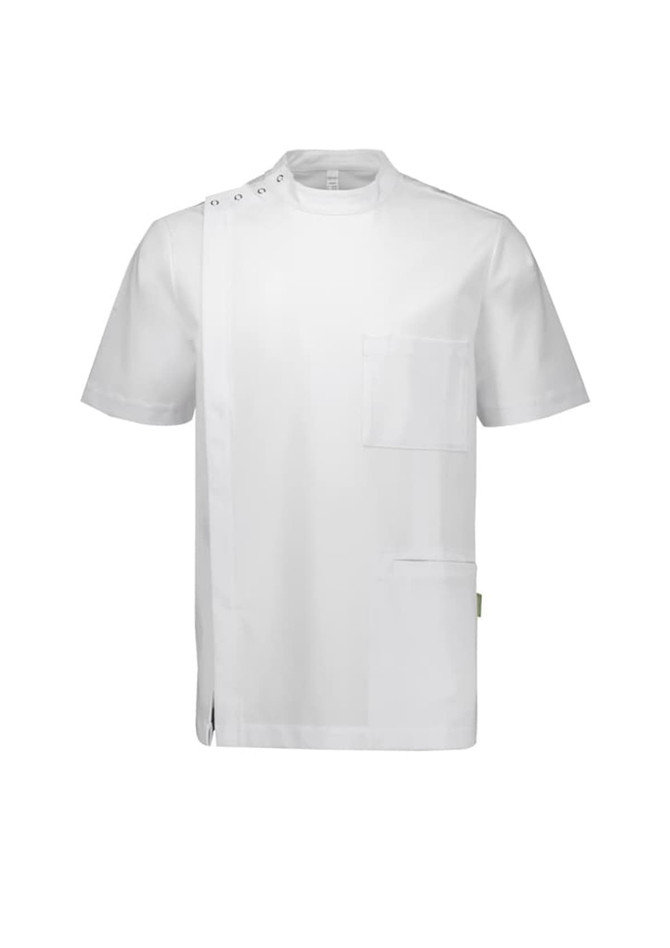 A short-sleeved white medical uniform with shoulder snaps and a front pocket, featuring a clean and minimalist design.