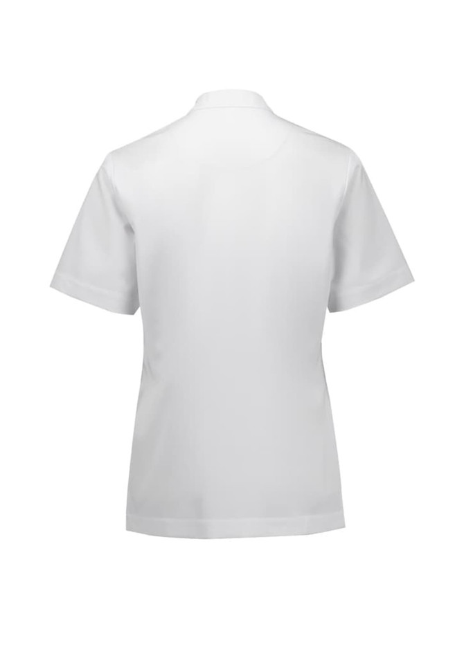 A women's short-sleeve jacket in white with a simple design and a branded logo on the back.