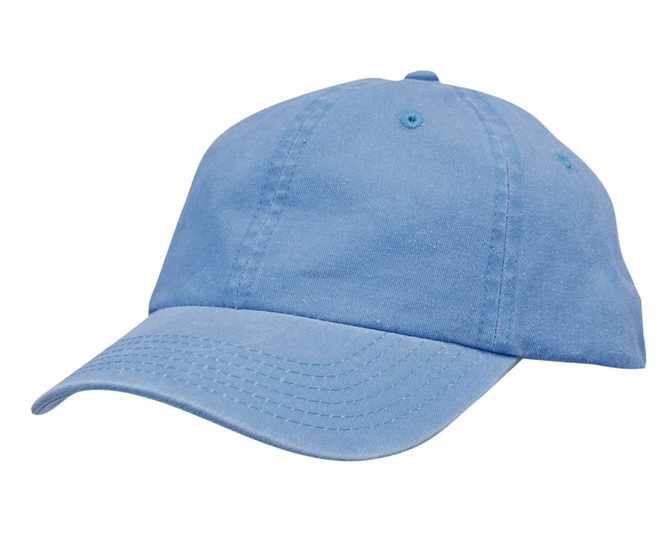 A light blue cotton twill cap with a logo, featuring a curved brim and stitching details.