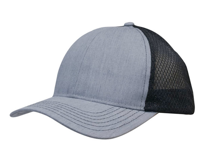 Light brushed poly cotton marle cap in grey with a honeycomb mesh back. Includes a logo on the side.