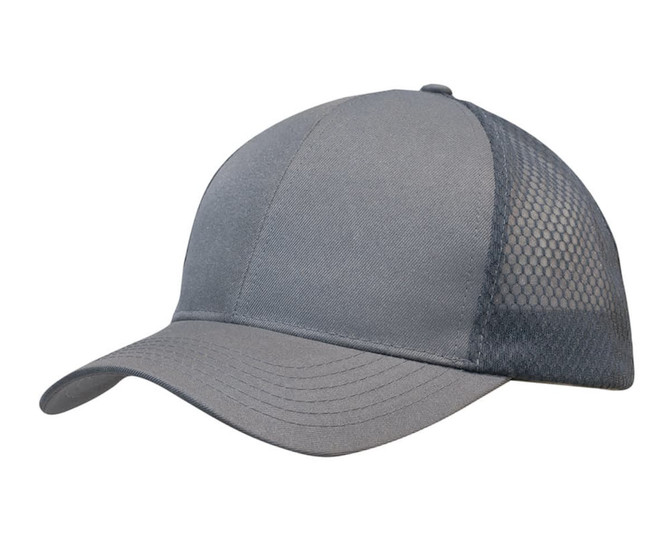 A grey breathable poly twill cap featuring honeycomb mesh panels and a curved peak. It includes a logo.