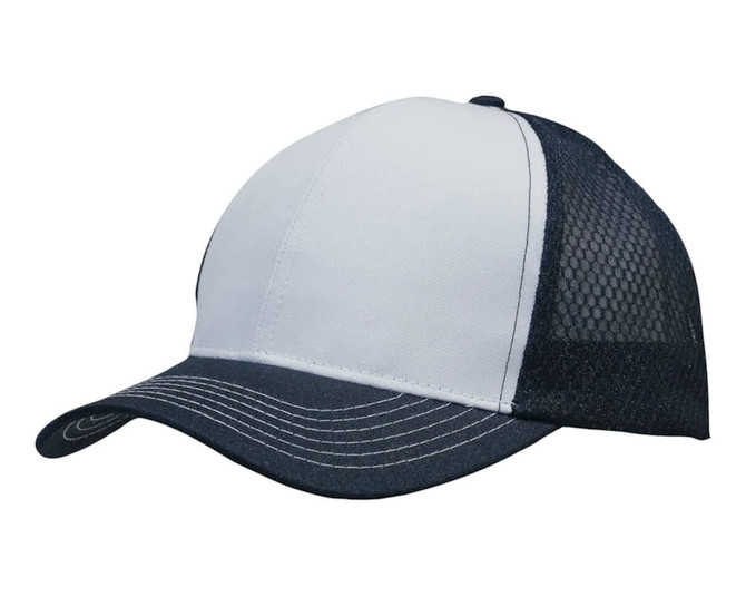 A breathable poly twill cap in grey with navy honeycomb mesh panels and a curved brim, featuring a logo.