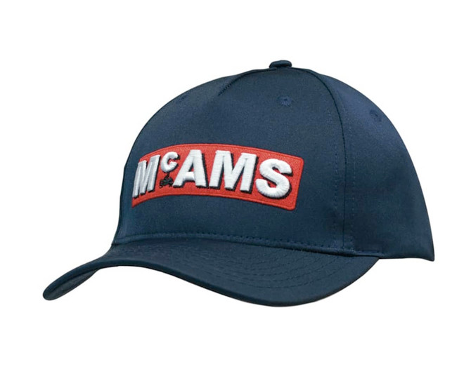 A navy twill cap featuring a bold embroidered logo on the front and a curved peak.