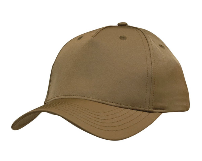 A khaki premium sports twill cap with a front panel and a curved brim, featuring a logo on the side.