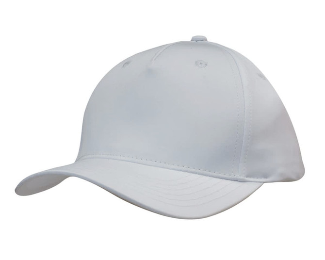 A white sports twill cap with a curved brim and a logo on the front.