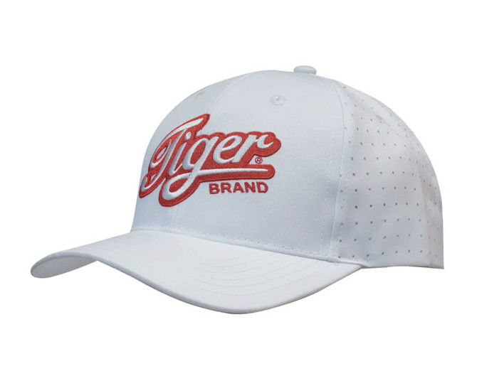 A white breathable poly twill cap with circle perforations and a red logo on the front.
