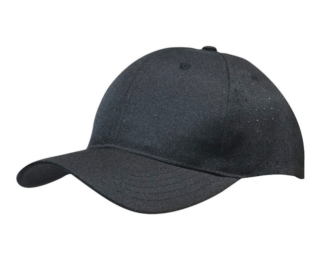 A black breathable poly twill cap featuring circle perforations and a curved brim. It has a logo on the front.