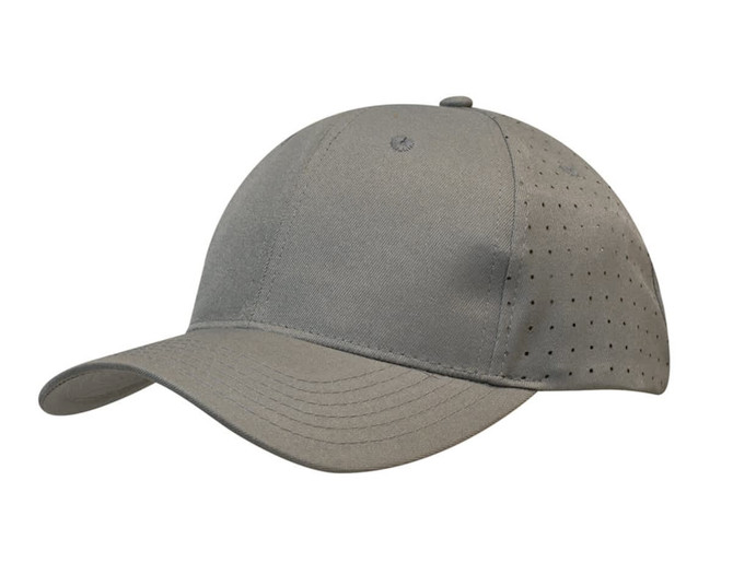 A breathable poly twill cap in olive green with circle perforations and a logo on the side.