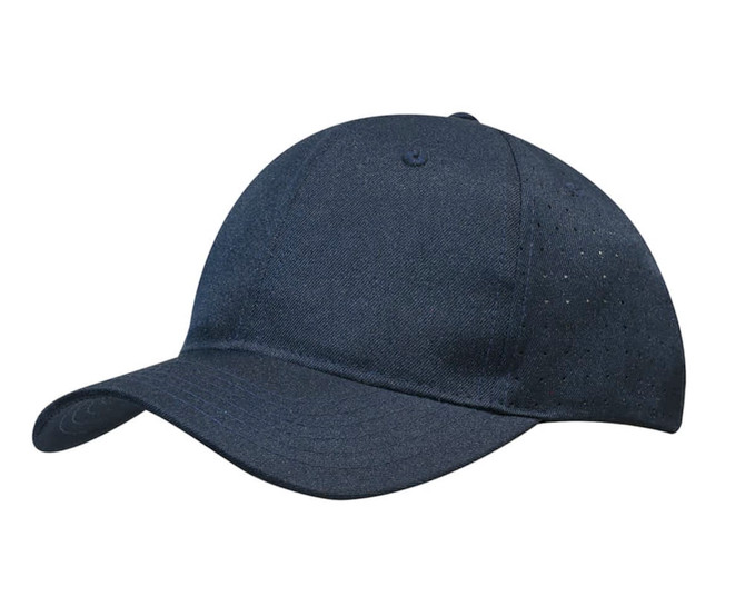 A navy breathable poly twill cap with circle perforations and a curved visor. It features a logo on the front.