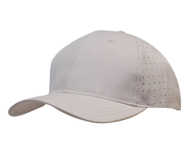 A beige breathable poly twill cap featuring circle perforations and a curved brim, with a logo on the side.