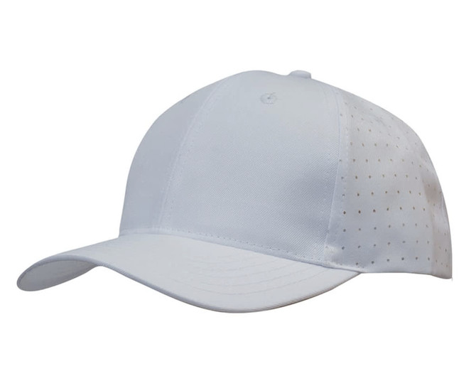 A breathable poly twill cap in light blue, featuring circle perforations and a logo on the side.