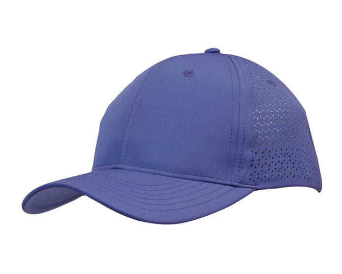 A blue sports cap with triangle perforations on the side and a structured brim. It features a logo.