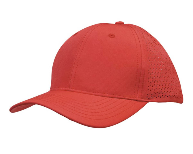 A red Sports Ripstop Twill Cap featuring triangle perforations, with a curved visor and a logo.