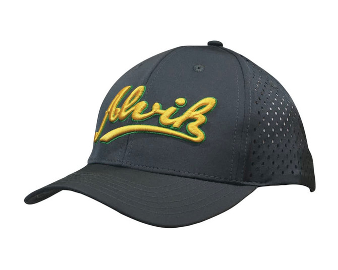 A black sports cap featuring tear drop perforations and a yellow embroidered logo on the front.