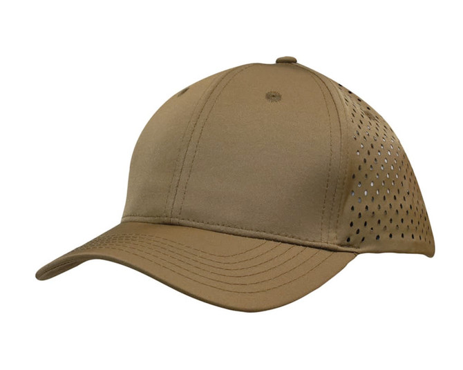 A cap in olive green featuring teardrop perforations on the sides and a curved brim. It has a logo on the front.