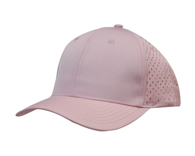 A pink cap with perforated tear drop designs and a logo on the side.
