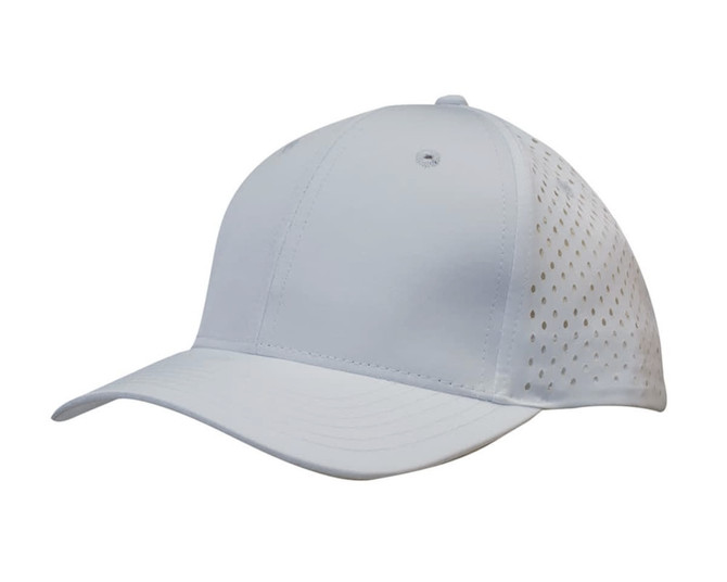 A white sports cap featuring tear drop perforations and a curved brim. It has a logo on the front.