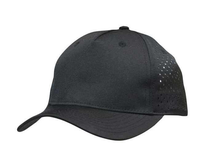 A black sports cap with tear drop perforations and a logo on the front.