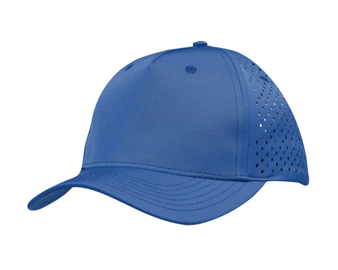 A blue sports twill cap featuring tear drop perforations and a logo.